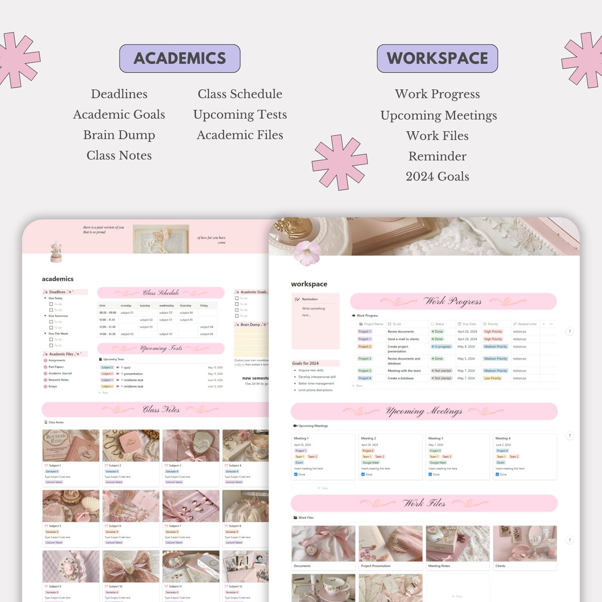 bitsofshanshine's tweet image. 𝗪𝗵𝗮𝘁&apos;𝘀 𝗜𝗻𝘀𝗶𝗱𝗲? ⬇️
+55 pages, +30 headers, +3 widgets

🌱 Main Pages:
Personal, Journal, Academics, Workspace, Reading Log, Watchlist, Food Recipes, Self-care

🌷 FREE Notion headers and PNGs that I used on this template