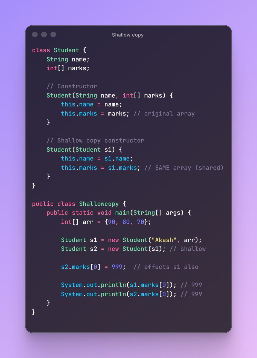 Akashpaswandev's tweet image. Day 39:
Learned about shallow copy, deep copy, lazy copy, destructors, and inheritance today.
It was a hectic day, but I still managed to understand the basics and keep moving forward.
Some days are tough, but progress is progress 💪

#Java #OOP #LearnInPublic #CodingJourney