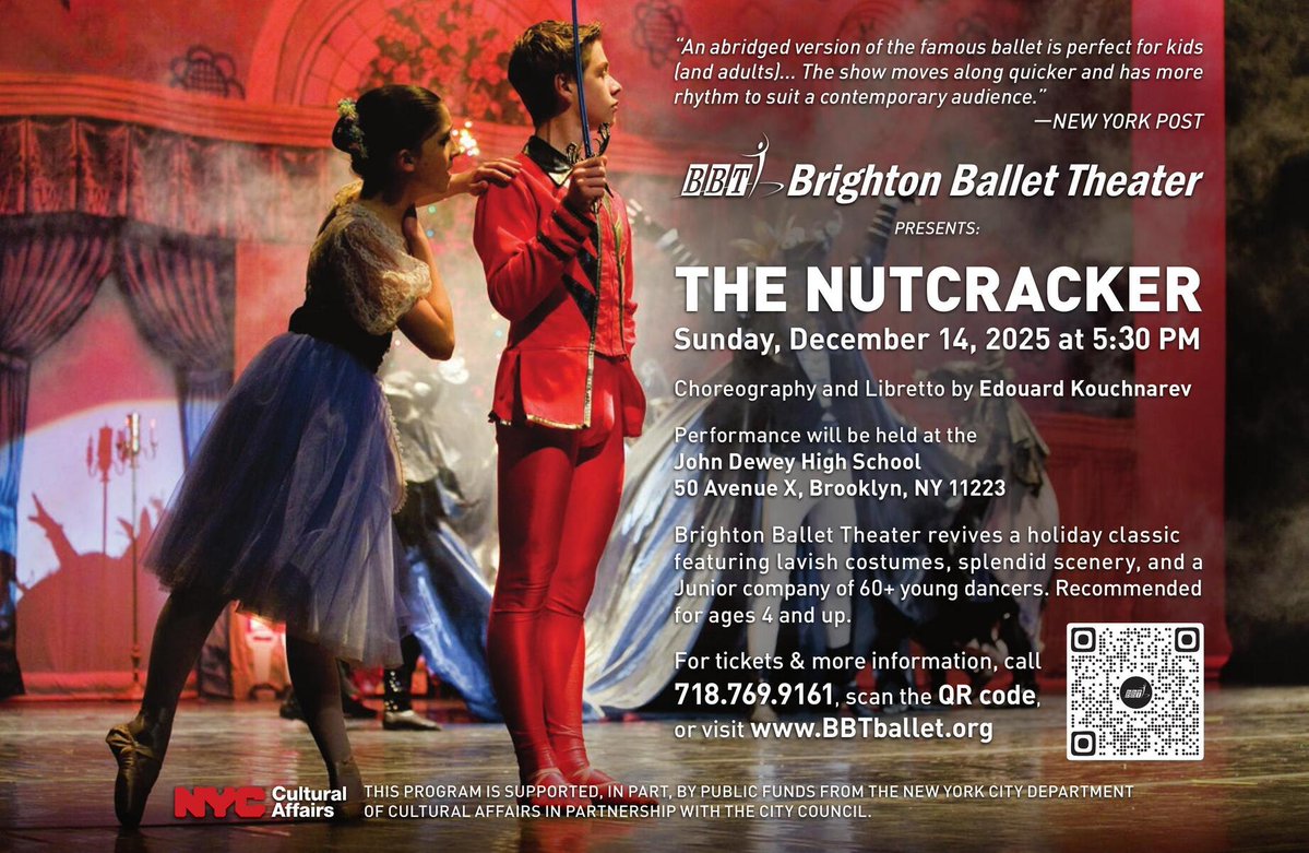 BrightonBallet's tweet image. Holiday magic is on stage! 🎄✨ Join us for BBT’s “The Nutcracker” — a sparkling South Brooklyn tradition. 🎟️ bit.ly/47JI7P1

#Nutcracker #Brooklyn #NYC #ballet #HolidaySeason #Joy