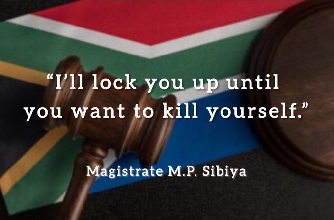 A designed graphic featuring elements of the South African flag (red, blue, green, yellow, black, and white stripes), a wooden gavel positioned diagonally, a brown wooden sound block, and bold white text overlay quoting a threatening statement attributed to Magistrate M.P. Sibiya against a dark background.