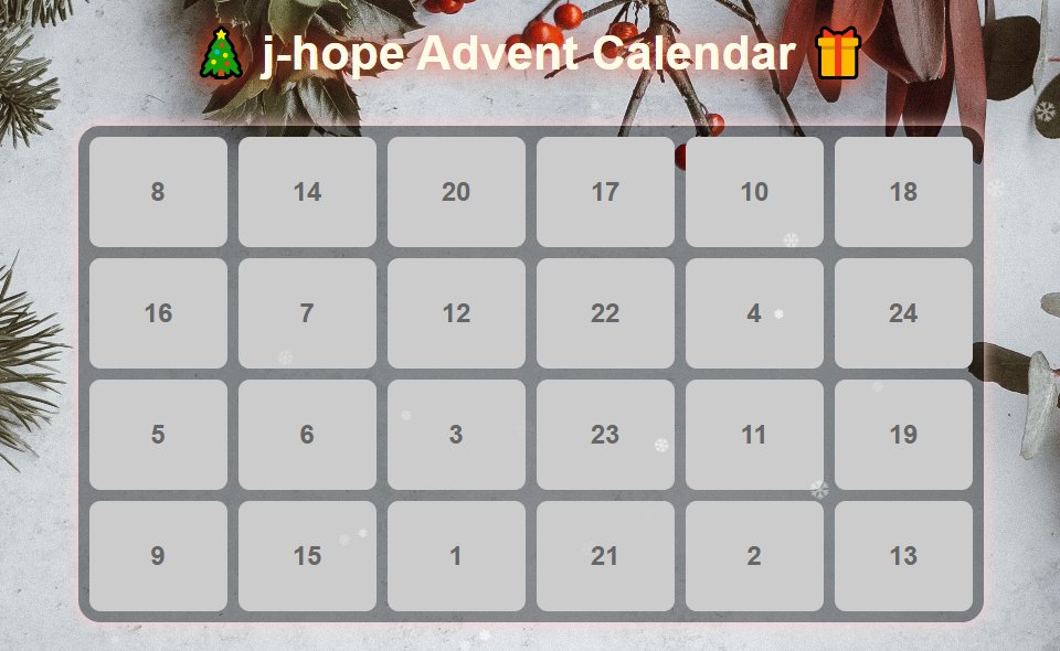 jhopehungary's tweet image. ✨ j-hope Advent Calendar 🎄
I prepared a little gift for every j-hope fan!🎁
Let&apos;s count down the days until 🎄 with 🐿️ - through this Advent Calendar. I hope you enjoy it!
Check it out here: j-hope-advent-calendar.netlify.app
Come back every day for a new surprise!
Happy countdown!
#jhope…