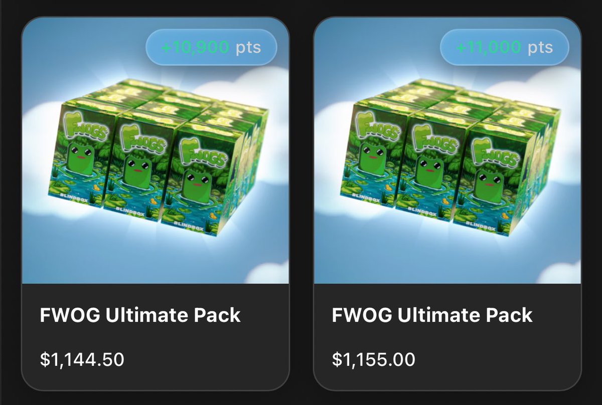 The Fwog Blind Boxes keep going up

Here are the FP:

> Single Pack = $100

> Collector Pack = $700

> Ultimate Pack = $1150

I'm looking forward to mint <a href="/itsafwog/">fwog</a> by <a href="/Groowut/">Wut</a>