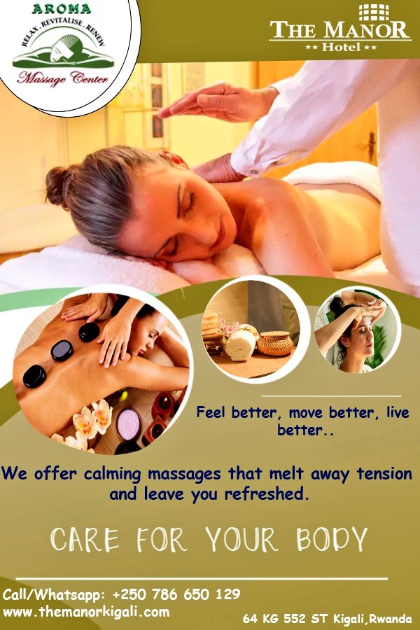 Relax. Rejuvenate. Renew. 💆‍♀️✨
Let your stress melt away with a calming massage at Aroma Massage Center, The Manor Hotel.
Feel better, move better, and live better because you deserve it.
📍 Nyarutarama, KG 552 Street, Kigali
📞 +250 726 601 329
📧 reservations@themanorhotel.rw