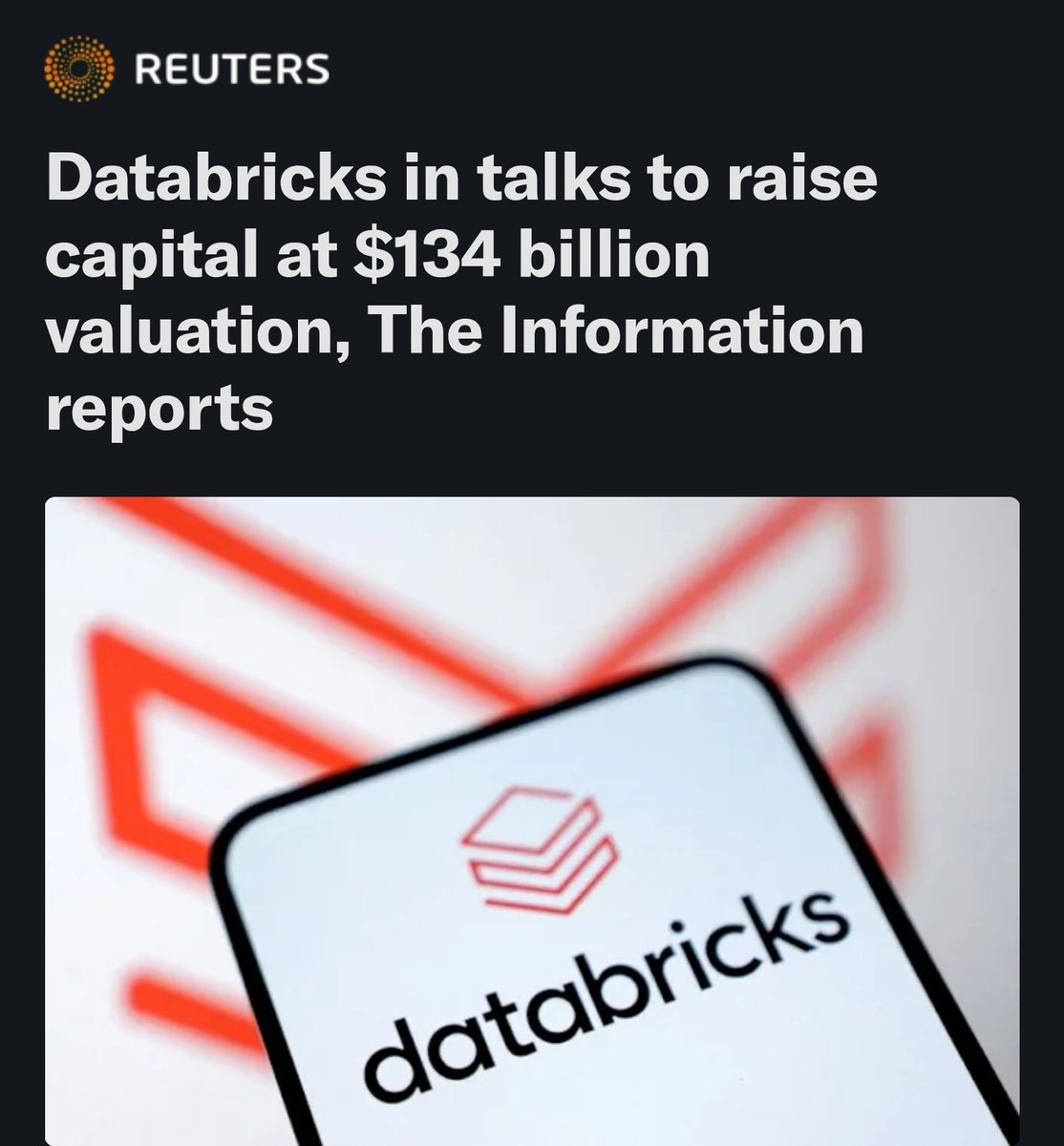 k2__investment's tweet image. Databricks aiming for $134B valuation.

​Reports out today that #Databricks is in talks to raise $5B at a massive $134B valuation (roughly 32x sales).

Revenue projections bumped to ~$4.1B (+55% YoY).
AI usage is soaring, but margins are compressing slightly (77% -&amp;gt; 74%) as they…