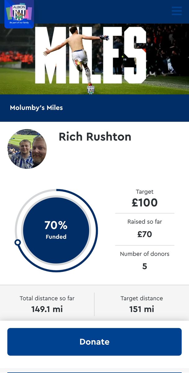 Just got in from my last Molumby Miles walk and i'm 2 miles short 😵

Gonna need to jump on the exercise bike and get a couple in... 2 hours to go.!!!

<a href="/WBAFoundation/">The Albion Foundation</a> <a href="/wba/">West Bromwich Albion</a> <a href="/jay_molumby15/">Jayson Molumby</a> #wba

albionfoundation.enthuse.com/pf/rich-rushto…
