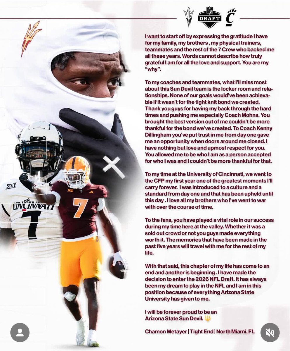 Arizona State TE Chamon Metayer has declared for the 2026 NFL Draft, per his Instagram.

Metayer is coming off a career-year tallying 38 receptions, 375 yards and 4 touchdowns.

<a href="/DevilsDigest/">DevilsDigest.com</a> <a href="/Takeemdeep7/">Chamon Metayer</a>
