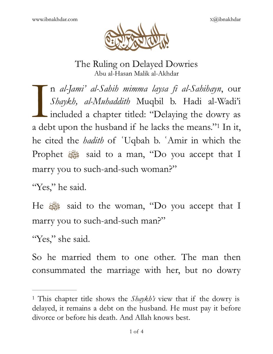 IbnAkhdar's tweet photo. The Ruling on Delayed Dowries https://t.co/thNiTsIEqy