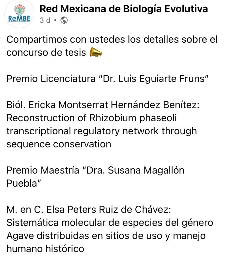 Alumnas del <a href="/ccg_unam/">CCG UNAM</a> ganaron  premios a la mejor tesis de licenciatura y maestría del <a href="/mex_evo/">ReMBE</a> 😀🥳

Muchísimas felicidades <a href="/Montserrat_HdzB/">Montserrat Hernandez</a> y <a href="/epeters_Rdch/">Elsa Peters</a> 🏆🤗