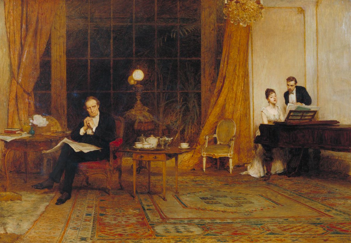 Painting at Bedtime.
Her Mother's Voice.
Sir William Quiller Orchardson.

Today is St Andrew's Day, patron Saint of Scotland, so here is a Scottish artist. The painting shows an old widower listening to his daughter singing at the piano, with a voice just like that of her mother.