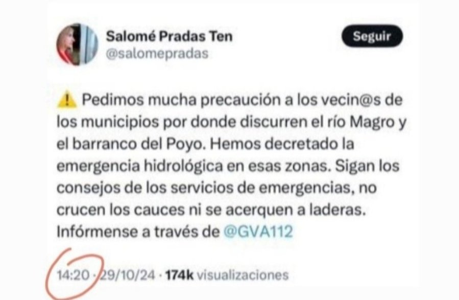 Sobre uno de los bulos más grandes que ha dicho Salomé Pradas en <a href="/salvadostv/">Salvados</a>.

El barranco del Poyo, eran las 14:20 y envío este tweet. 

Es imposible mentir más, es imposible tener menos respeto a las víctimas y a los valencianos #SalvadosSaloméPradas 👇