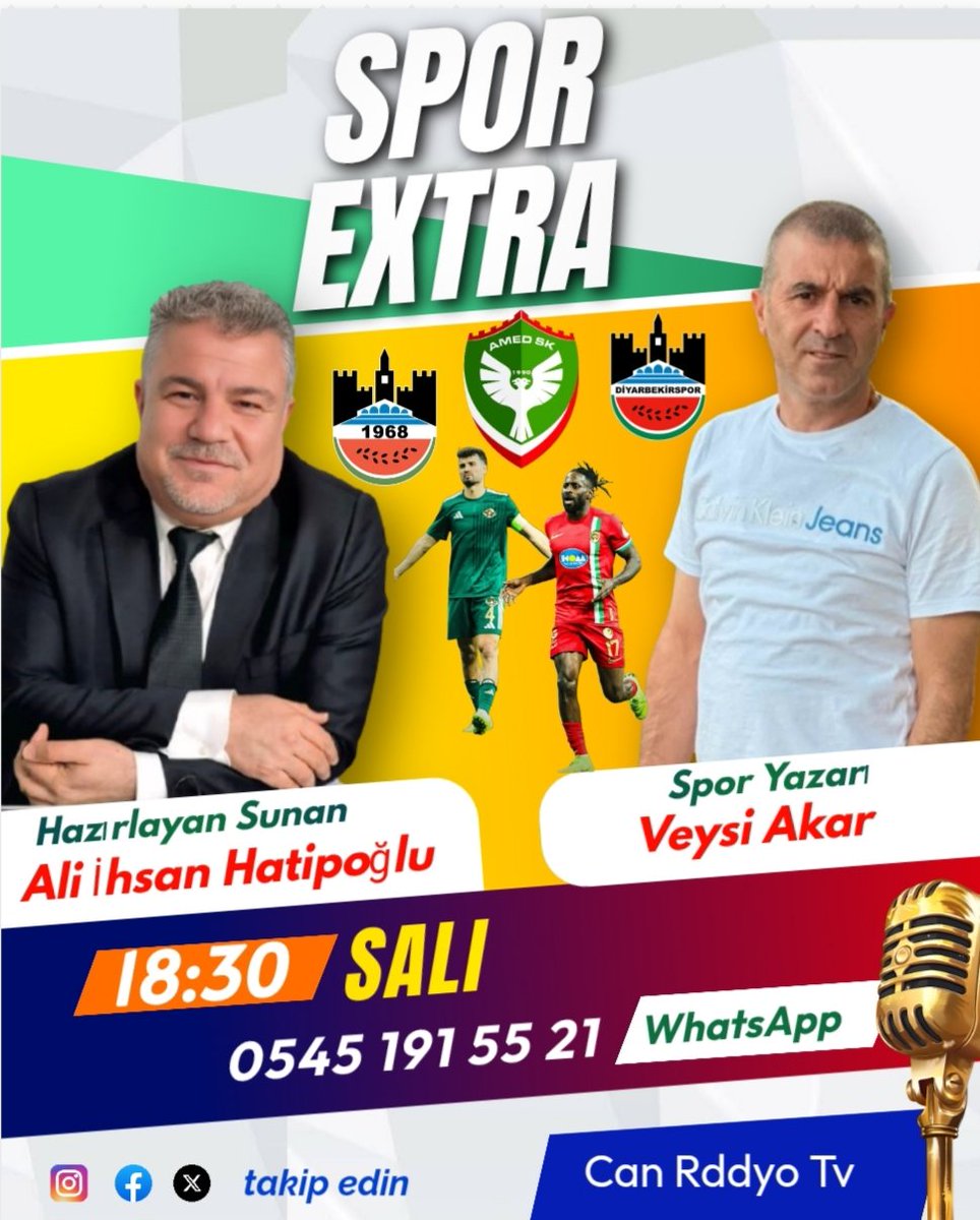 Ali İhsan Hatipoğlu ve Veysi Akar ile Spor Extra Programı Salı Akşamı 18 : 30'da Can TV'de sizlerle 

#spor #sport #futbol #amed #amedspor #diyarbekirspor #diyarbakırspor #tv #instagram #facebook #youtube #x