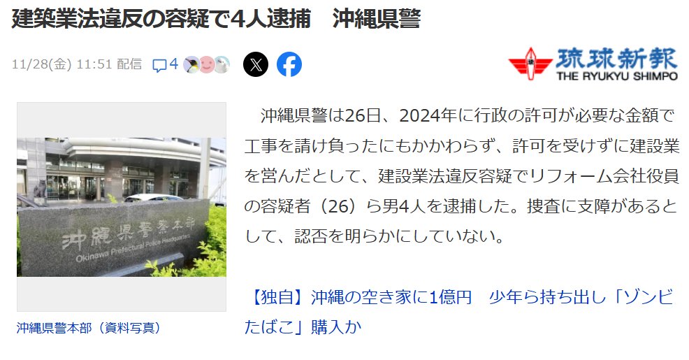 Stoneman_ISHIO's tweet photo. 建築業法違反の容疑で4人逮捕　沖縄県警
建設業法において、請負金額が500万円以上の工事」を請け負う場合には建設業許可が必要です。
つまり500万以下では無許可営業できます。
建築については1500万まで無許可で工事ができます。
正直これ以上の金額でも上手く誤魔化して請け負ってる業者もいて、不良業者ばっかりです。
そろそろこの辺も改正したらいいんじゃないかな？？

出典：YAHOOニュース
https://t.co/ooY9JFRt9d