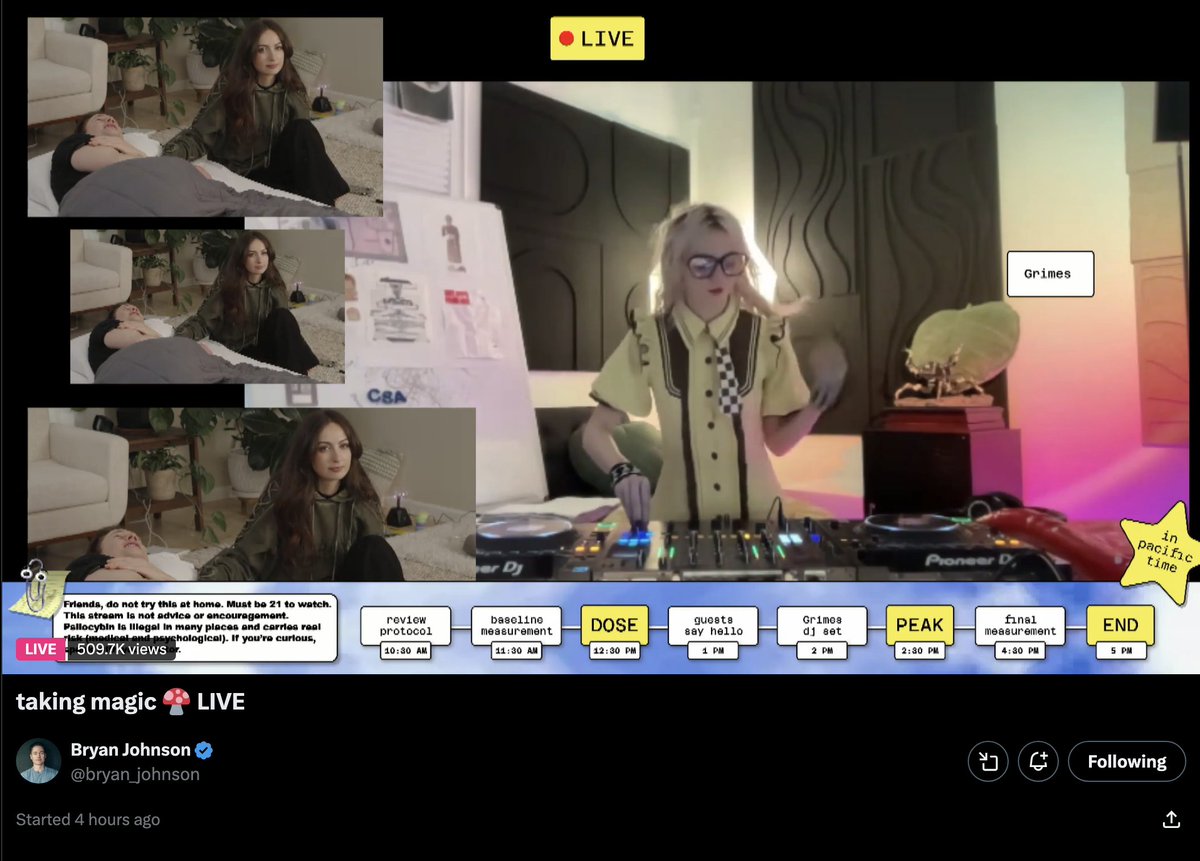 GrabowskiDylan's tweet image. Lol, Bryan Johnson is about to be peaking on mushrooms, is live streaming his trip, and Grimes is DJing a live set right now

I f&apos;ing love this app
