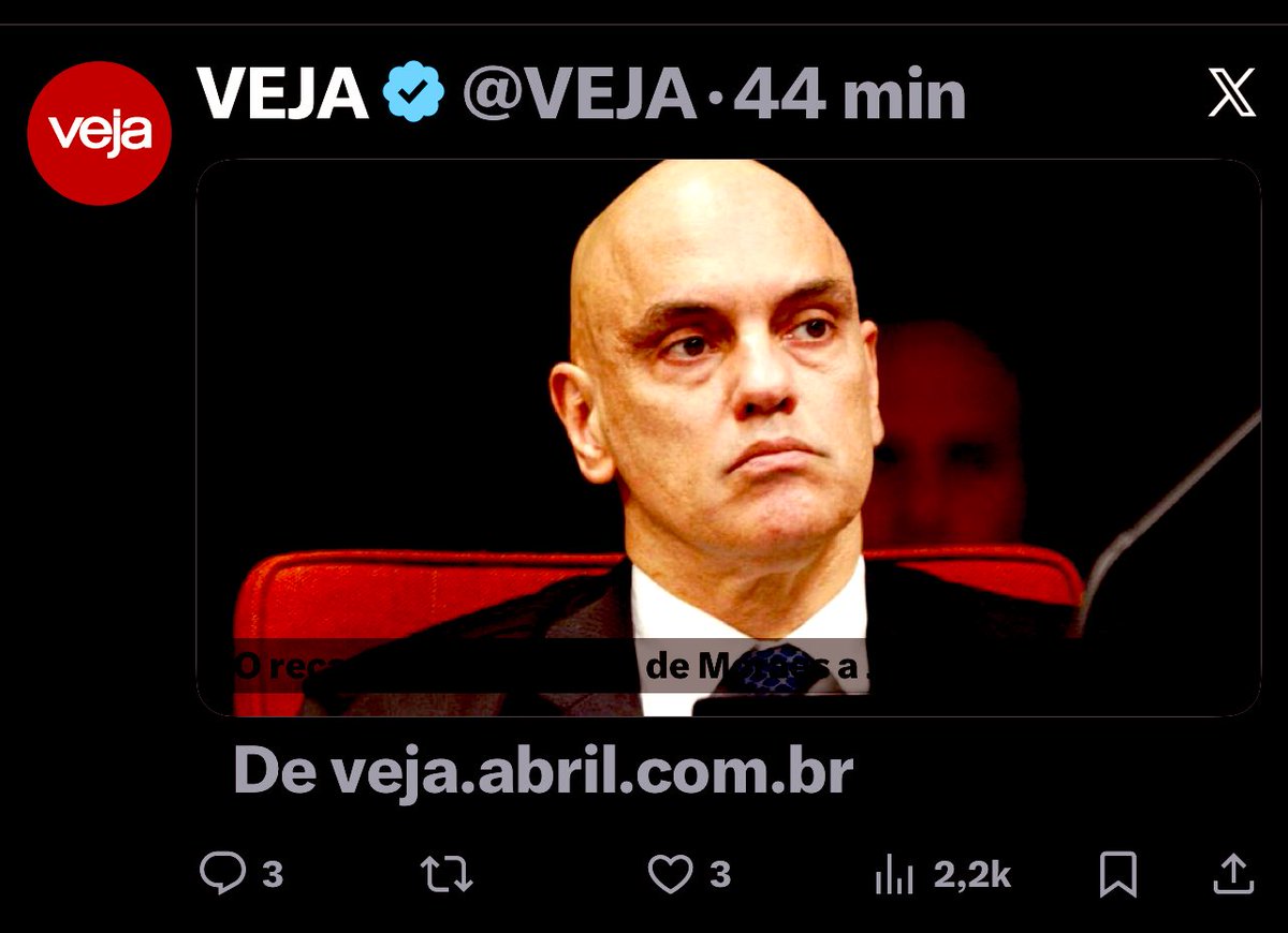 Post da veja cravejada de medo.
Apenas a imagem de AM e uma parte da matéria diz:
“De acordo com interlocutores de Messias, a ligação foi cordial e serviu também como vetor para o aspirante a sucessor de Luís Roberto Barroso pedir ajuda ao juiz para demover resistências junto ao