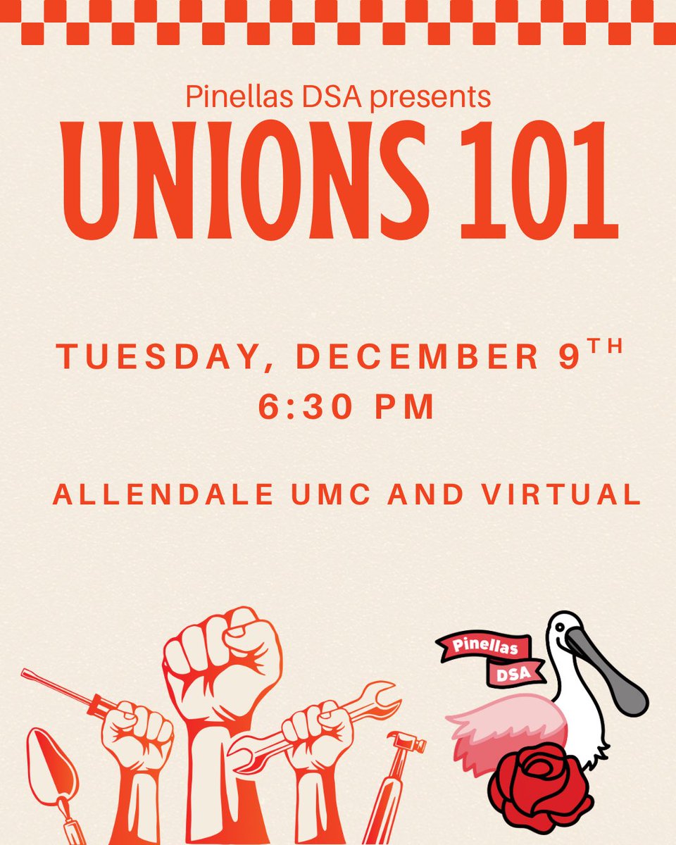 Join us next week for Unions 101, the fourth and final installment of our annual core education series (the other three are DSA 101, Organizing 101, and Capitalism vs. Socialism). This session will focus on socialism and the labor movement and the basics of union organizing. 🪧🤝