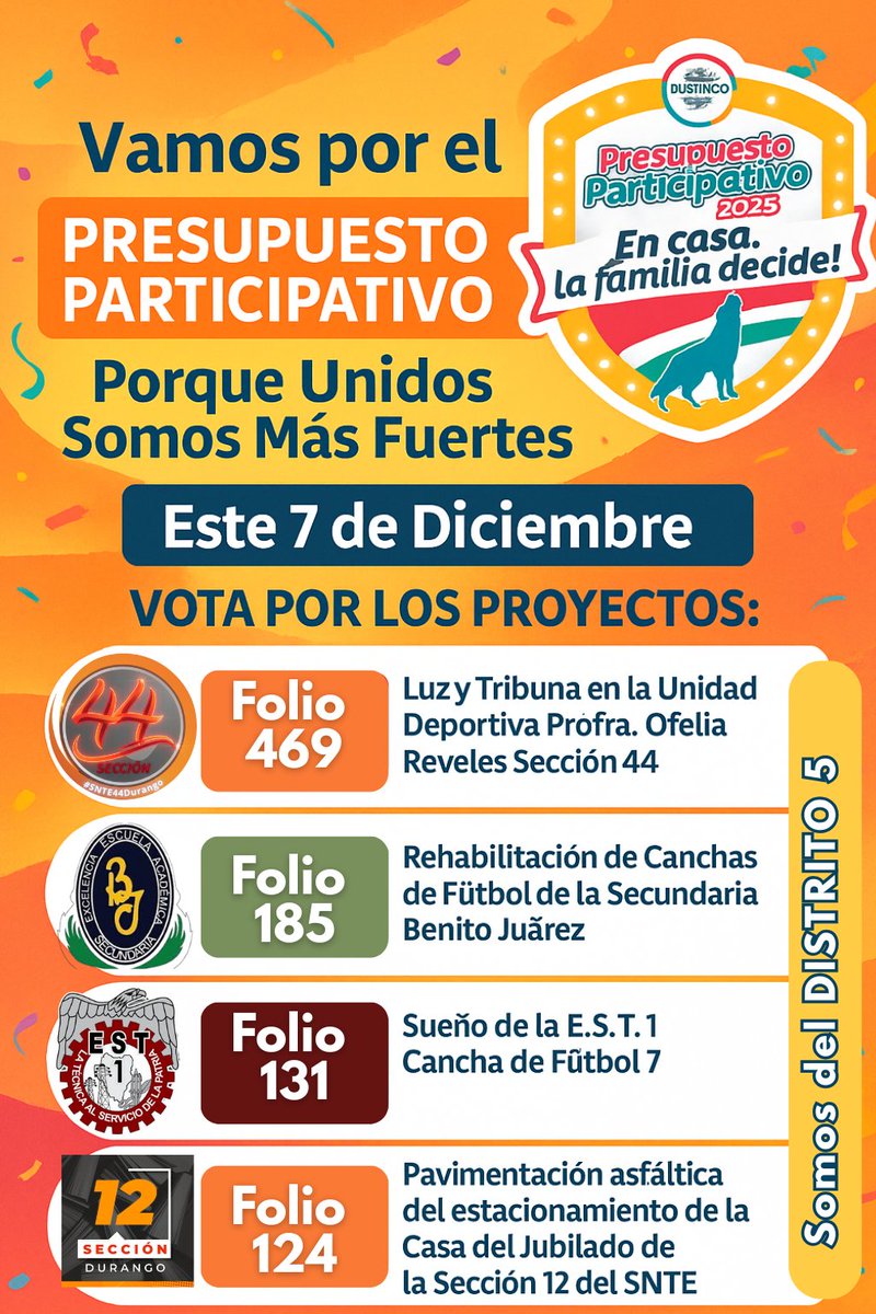 Seccion44SNTE's tweet photo. #SNTESeccion44
Este Domingo 7 de diciembre
participa en el #PresupuestoParticipativo🗳
Y porque #UnidosSomosMasFuertes💪 vota por los Proyectos😌 https://t.co/VPAOJ67zuZ