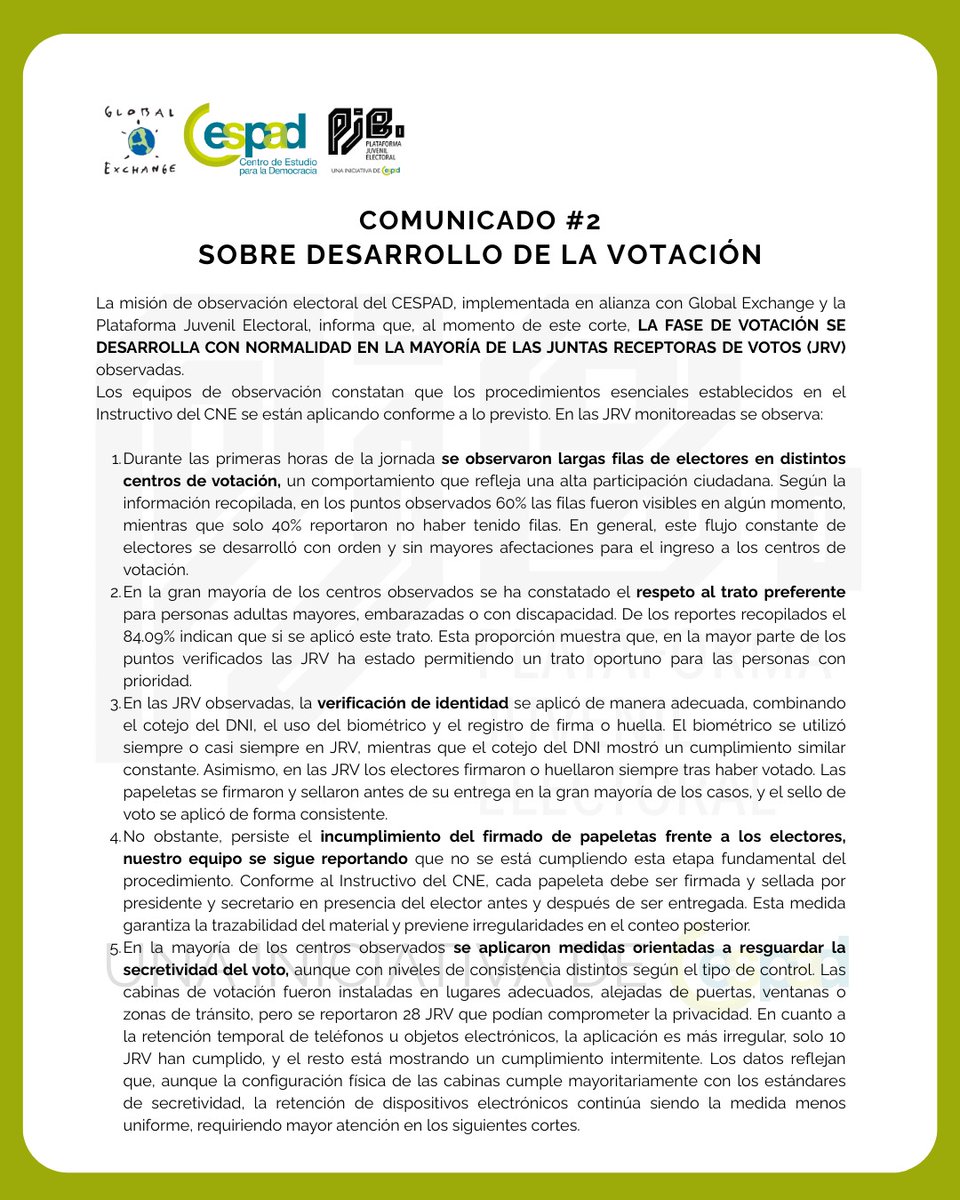 CESPAD_HONDURAS's tweet photo. 🔴COMUNICADO NO°2: SOBRE EL DESARROLLO DE LA VOTACIÓN🔴
De la Plataforma Juvenil Electoral (PJE)
#PJE #CESPAD #EleccionesHonduras2025
#Honduras
@globalexchange https://t.co/1MO4DUa3yK