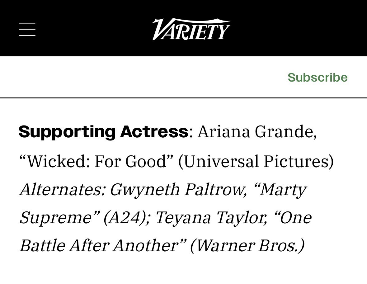 Variety aposta na vitória de Ariana Grande a ‘Best Supporting Actress’. no National Board of Review.