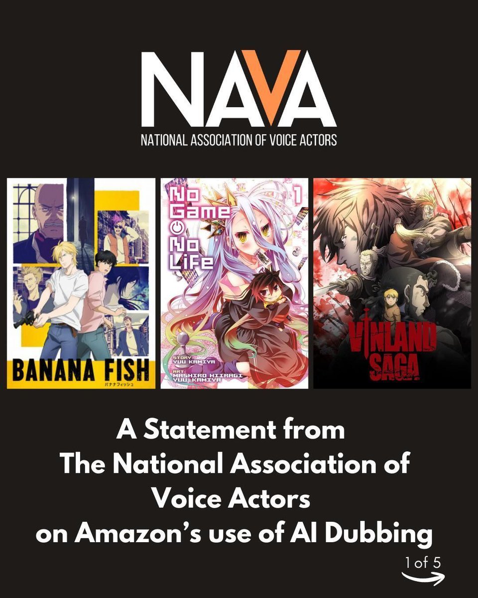 NAVAVOICES's tweet image. Amazon has had many opportunities to create dubbing projects filled with authentic storytelling, emotional connection, and believability. Instead they have chosen to create AI slop dubs of Banana Fish, Vinland Saga, and No Game No life. Many are calling these dubs &quot;insulting&quot; and…