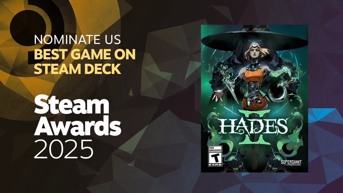 SupergiantGames's tweet image. Less than a day remains to nominate your favorite games in the Steam Awards! It&apos;s a great way to recognize some of your favorites. If you enjoyed HADES II, we&apos;d appreciate your consideration! 🙏🌖