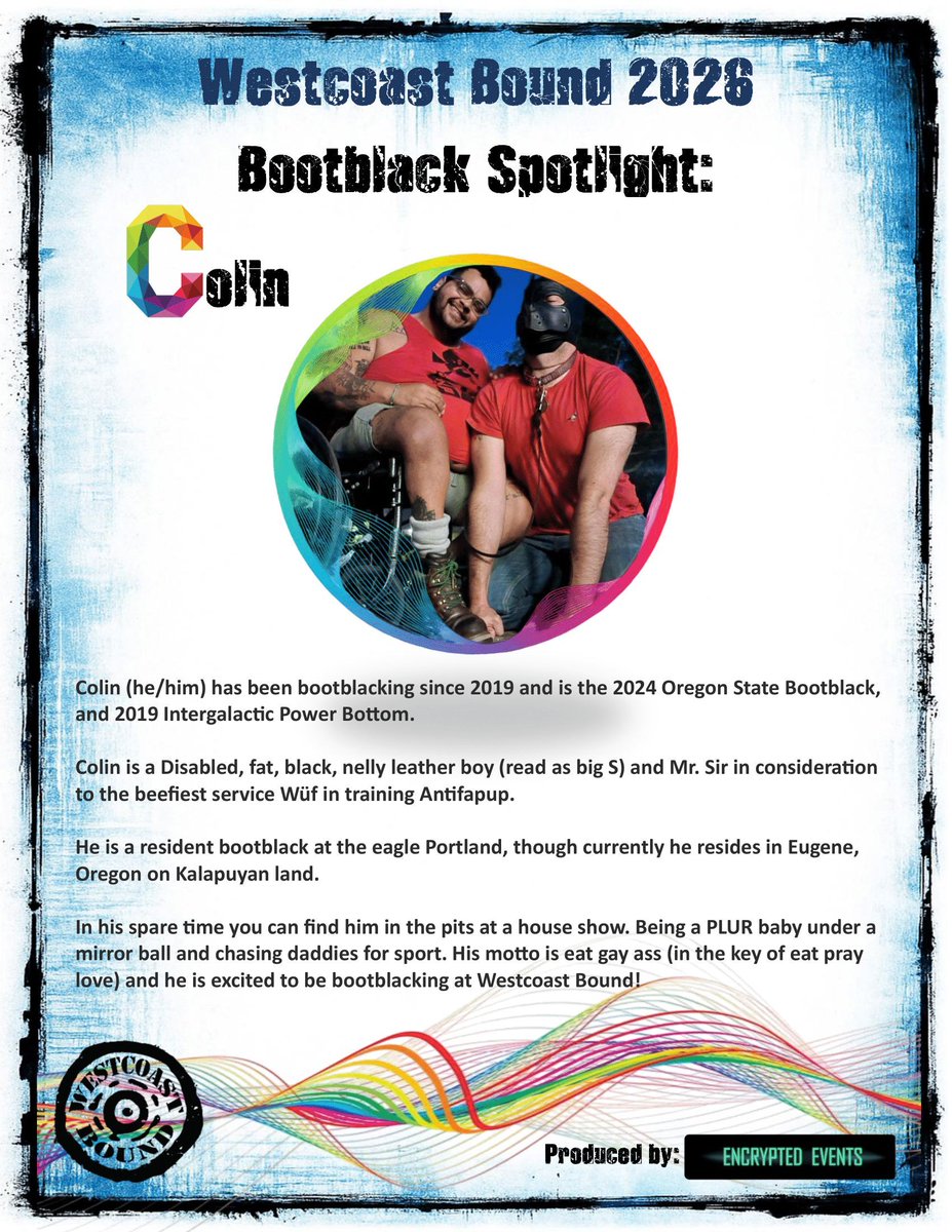 Today we are featuring bootblack Colin, he is joining us from Oregon, where he was 2024 Oregon State Bootblack!  He is excited to be bootblacking at Westcoast Bound,  #wcbound #kinkeducation #encryptedevents