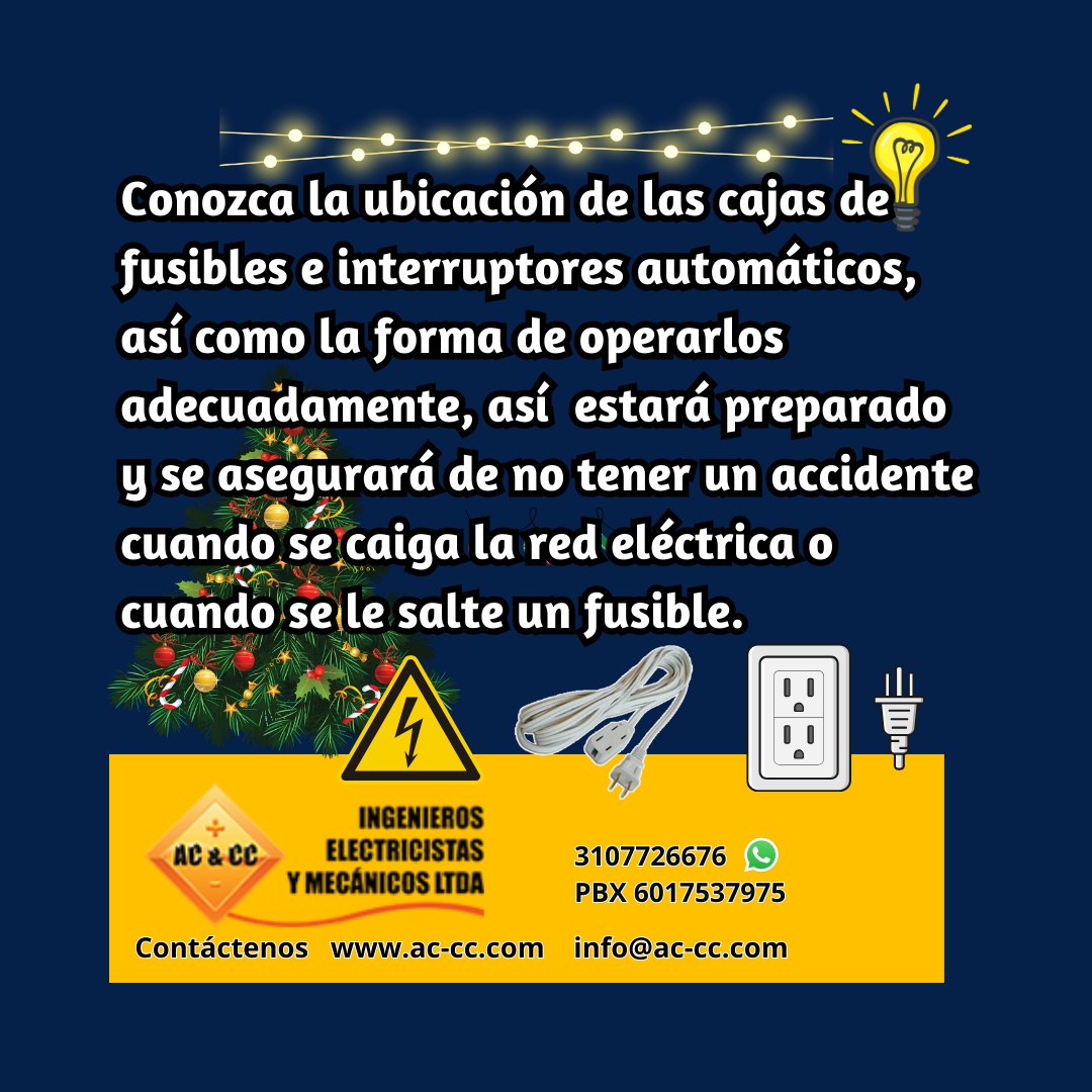 ACCCIngenieros's tweet image. Evite accidentes eléctricos en sus instalaciones navideñas   ac-cc.com/evite-accident…   Escribanos sus preguntas  o llame a AC Y CC Ingenieros 6017537975 WhatsApp 3107726676 #SolucionesDeIngeniería #PlantaElectrica #UPS #RespaldoDeEnergia #EnergiaSolar #SeguridadElectrica
