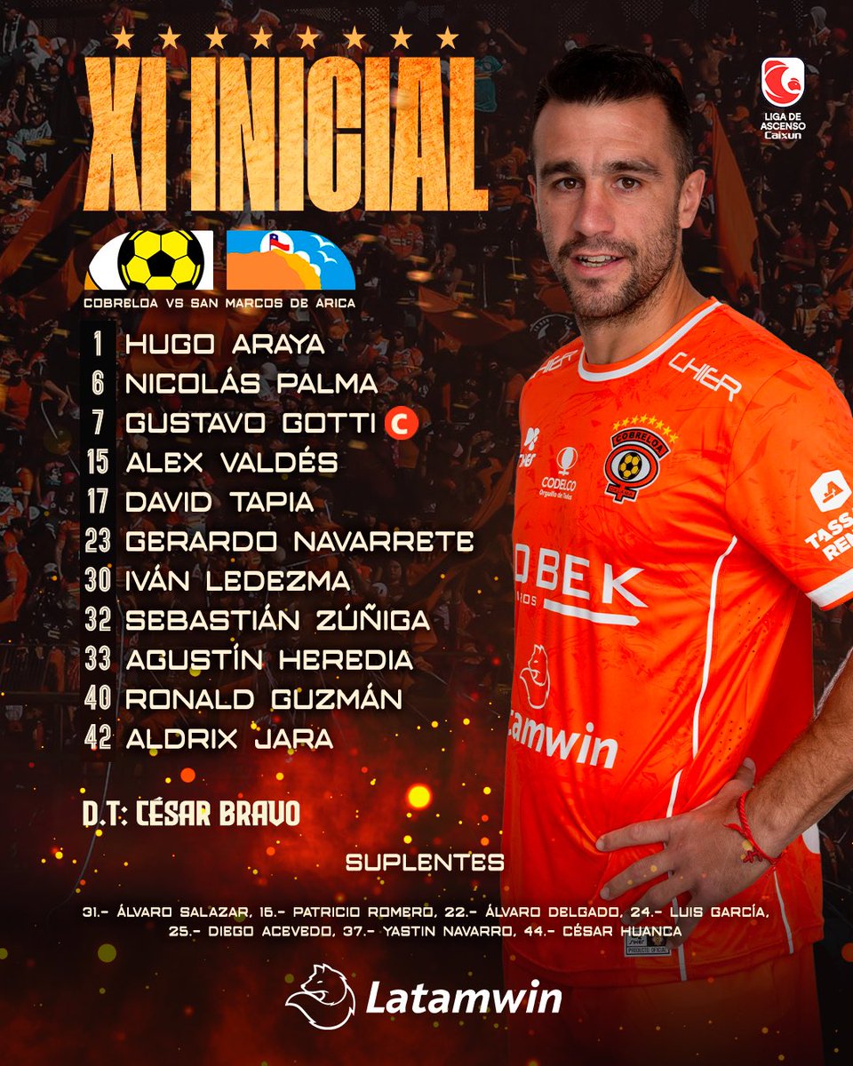 El XI Naranja ⚔️

Les presentamos la oncena estelar de Cobreloa para jugar hoy contra San Marcos de Arica 🏟️🔥⚽️

¡Vamos Zorro! 🦊
#ConCobreloaSiempre ♾️🦊