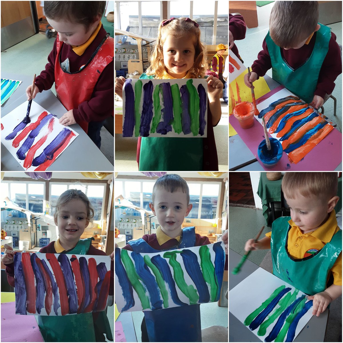OldEarthNursery's tweet image. We have been learning about repeating patterns. We made stripy repeating patterns with two different colours.