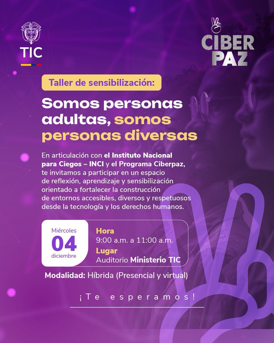 TalentoDigCol's tweet image. Te invitamos al taller: &quot;Somos personas adultas, somos personas diversas&quot;, en conjunto con el Instituto Nacional para Ciegos (INCI).

Un espacio para fortalecer entornos digitales accesibles y respetuosos desde las TIC.

🗓️ 04 Dic. 
🕑 9:00 a.m. 
📍 Auditorio MinTIC.