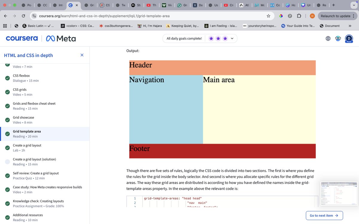 hajocodes's tweet image. Day59 #100DaysOfCode
Today I learned:
• #CSS  Grid and how it differs from Flexbox
• Built layouts with grid examples
• Grid template areas
• Common CSS selectors
• Selector specificity
• Combination selectors
