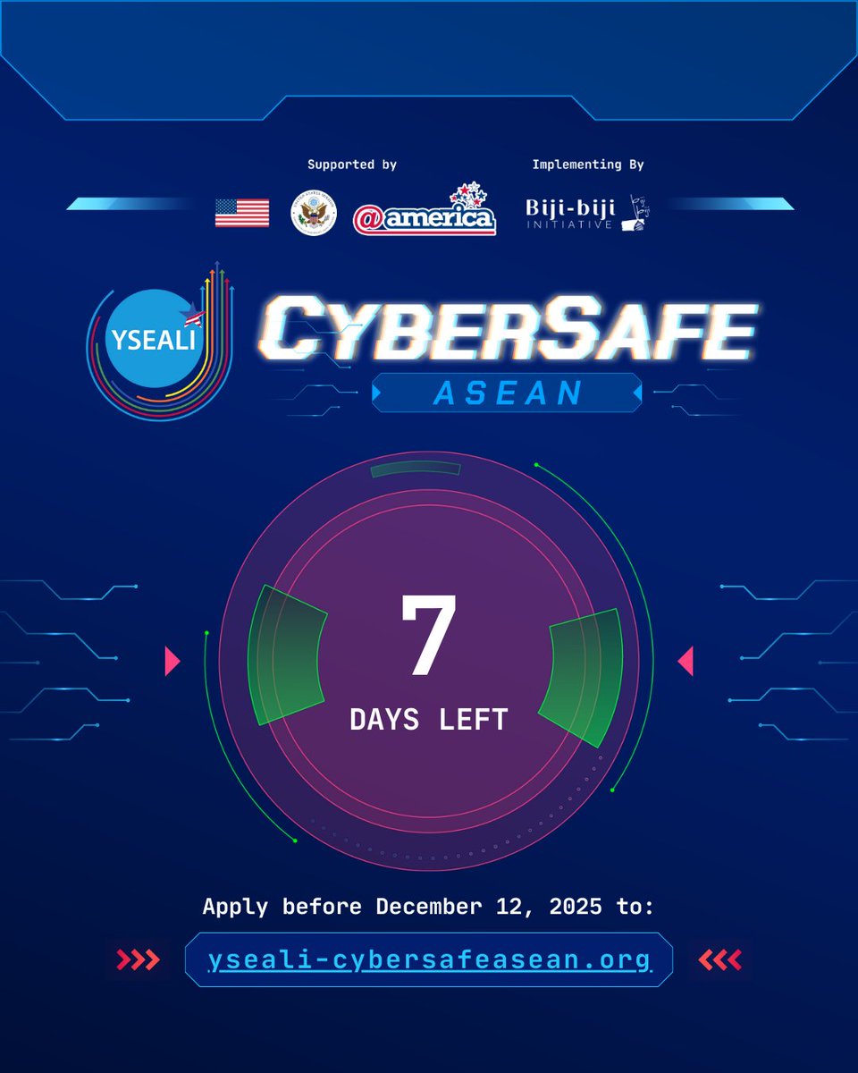 yseali's tweet photo. 🚨7 Days Left to Apply!

ASEAN unite against cybercrime! Online scams are a growing threat, impacting millions across ASEAN and across the globe.

The YSEALI CyberSafe ASEAN will bring together young professionals from across ASEAN to:
🫱🏻‍🫲🏼 Strengthen regional cooperation
💡 Learn from U.S. best practices
📢 Promote justice and protect victims

Don’t miss your chance!
🔗 https://t.co/FQWkyNMlWS
📅 Applications Deadline: December 12, 2025 at 23:59 GMT+7

#YSEALICyberSafe #ASEAN