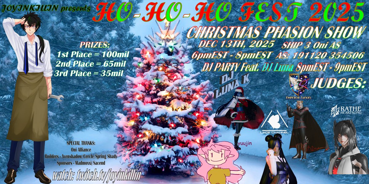Ho-Ho-Ho Fest 2025 
Dec 13th
<a href="/play_pso2/">Phantasy Star Online 2 New Genesis - Global</a> 
WITH <a href="/yuujin_chwan/">Yuujin</a> <a href="/LaceVT/">Lace Valeria, the Ojou-Soldier🦋//Lace Channel</a> <a href="/Tromad2/">Tro | DJ Luna K | Blue Miqo'te</a> <a href="/RatheHeartsong/">Rathe</a> <a href="/EmperorZafkiel/">Zafkiel, Nephilim Time-Space Emperor</a> 
PHASION SHOW 6-8pmEST
DJ PARTY 8-9pmEST
#PSO2GLOBAL #PSO2NGS