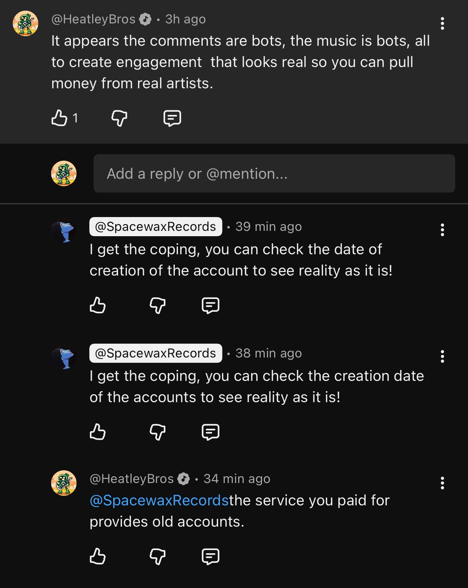 The AI-Art YouTube channel double-replied to my accusation of engagement fraud.😐  #AICreatorScam everywhere.

We need <a href="/YouTube/">YouTube</a> as an ally to help  identify these scam channels and not reward them with money that should go to real creators. 

AI exponentially empowers scammers.