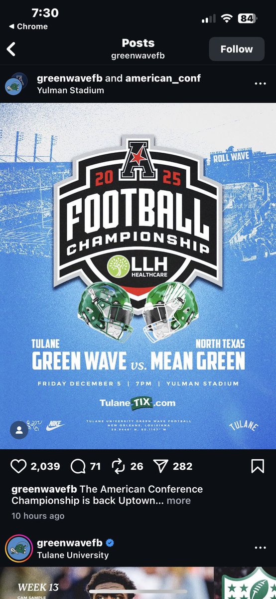 “WE ‘BOUT IT! YOU ‘BOUT IT?” 

Tulane &amp; NOLA Family, 
We need you more than ever to come together for THE premier college football program of Louisiana! These young men are playing in the 4th consecutive conference championship &amp; have EARNED your support! 
#NolaBuilt 🌊💪🏾