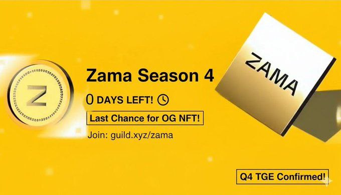 MuhammadSumon83's tweet image. Zama Season 4 ends today  this is the final moment to lock in your OG NFT with @zama.
No more extensions, no more extra time.
If you haven’t completed your last tasks, do it now.

Q4 TGE is confirmed  the next chapter is already loading.
#ZamaCreatorProgram #zama