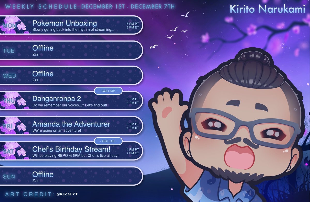 kirito_narukami's tweet photo. ✧ ・ﾟ WEEKLY SCHEDULE ・ﾟ✧  

GOOD MORNING/AFTERNOON/EVENING LOST SOULS!

Finally back from vacation! How do I stream again?!?! Slowly getting back into the rhythm of things...so bare with me...

Also NO KIRITO POV during Chef's Birthday stream but I'll be there playing REPO! https://t.co/y6CAieNB9k