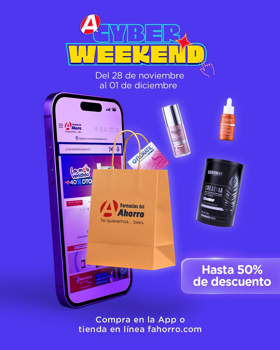 FAhorro's tweet image. Aprovecha nuestro Cyber Weekend y adelanta los regalos para toda tu familia.

Compra del 28 de noviembre al 1 de diciembre desde la App o tienda en línea.

Conoce más detalles aquí: rb.gy/skxlxj 

#ComprasEnLínea #TeQueremosBien #FarmaciasDelAhorro #Navidad #Regalos