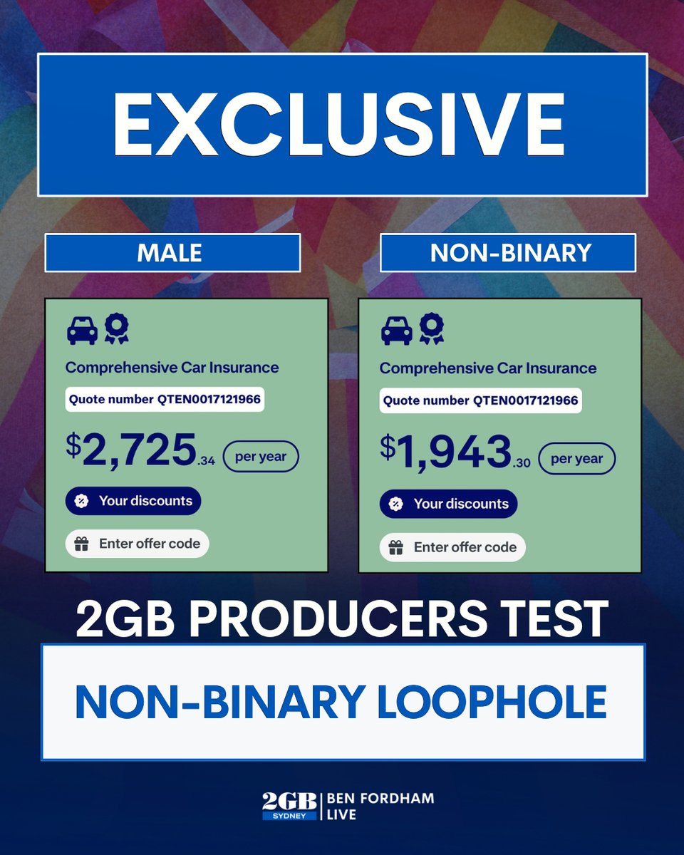 2GB873's tweet image. EXCLUSIVE: Insurance companies are offering cheaper deals for non-binary customers.

We’ve tested the loophole ourselves. 

MORE: brnw.ch/21wXX4U
