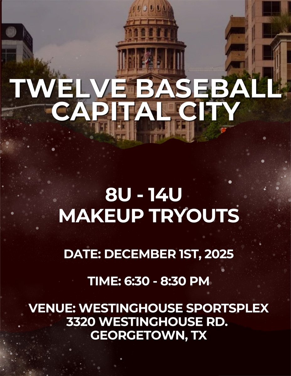 GPSTEXASBASEBA1's tweet image. LAST CHANCE ALERT! 

Makeup tryouts for Twelve Baseball Capital City are officially here! Tomorrow evening from 6:30- 8:30 at Westinghouse Sportsplex, for your FINAL opportunity to earn a spot on our Spring 2026 rosters!

mytwelve.upperhand.io/customers/4-te…

#SOMETHINGDIFFERENT

REGISTER…
