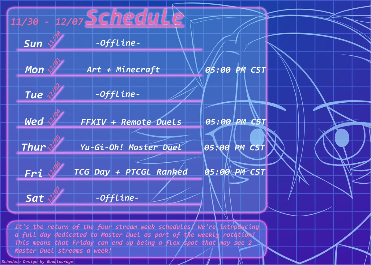 It's the reintroduction of the four streams a week schedule! This time, Master Duel takes up a full day, with FFXIV staying on Wednesdays! Fridays will still rotate between PTCGL and Master Duel!