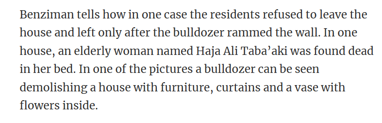 MarkAgitprop's tweet image. In one home, an elderly lady named Haja Ali Taba&apos;aki was buried alive in her bed when Chaim Herzog ordered the bulldozers to demolish her house.