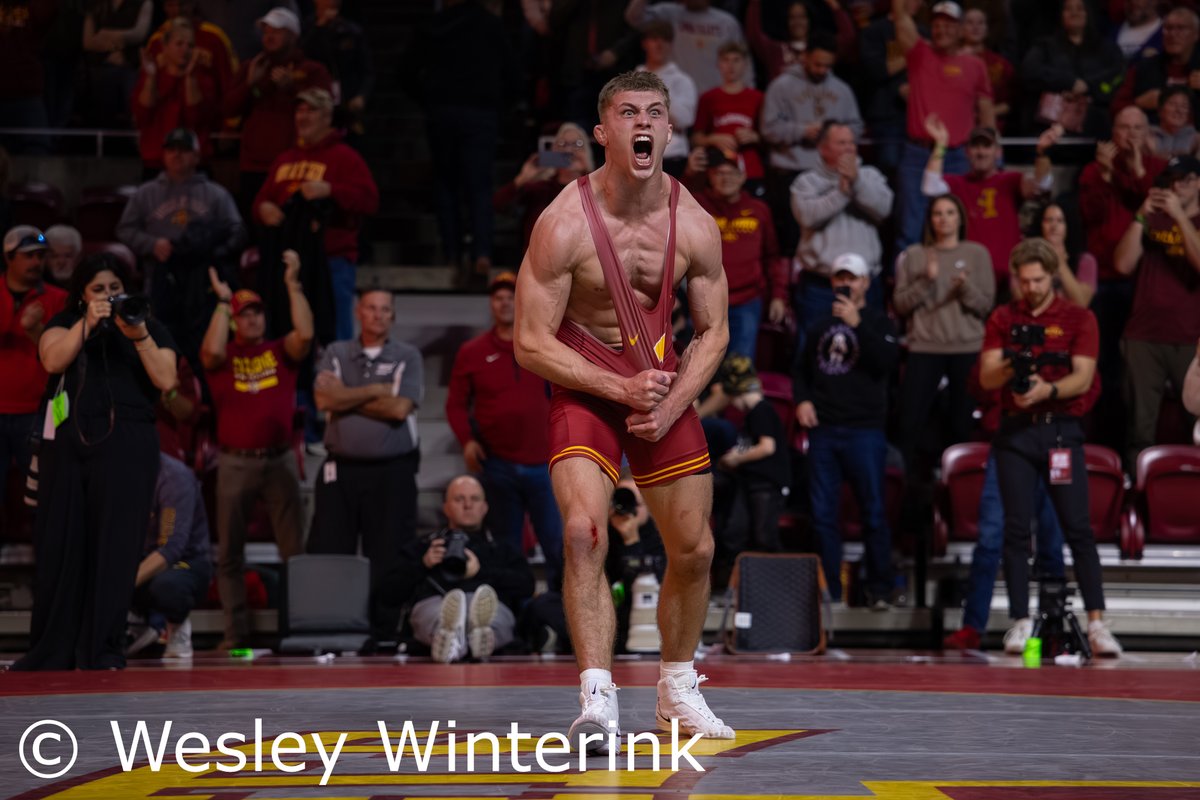 WesleyWinterink's tweet photo. Iowa State defeats Iowa 20-14 at the CyHawk dual meet at Hilton Coliseum on 11/30/2025. https://t.co/HZDsaGf0Pm