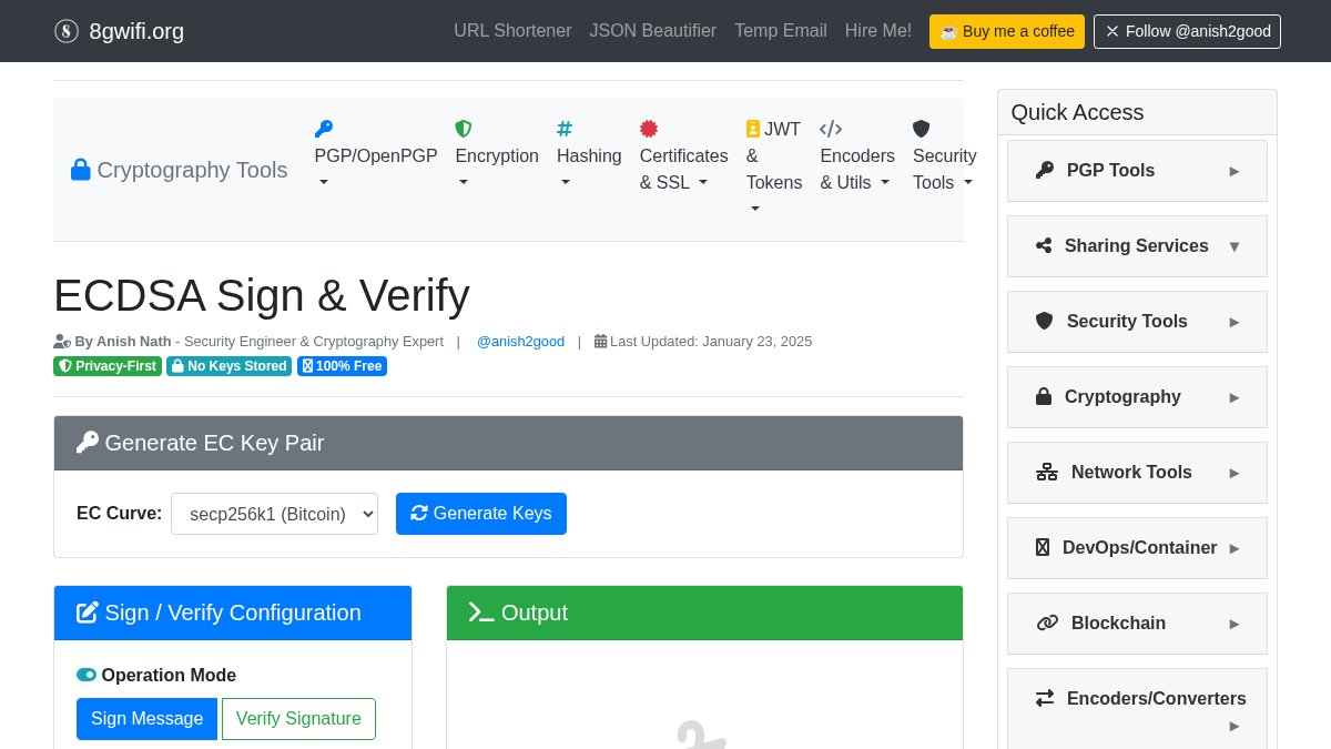 anish2good's tweet image. Generate EC keys and verify ECDSA signatures effortlessly with our free tool! Support for Bitcoin&apos;s secp256k1 and NIST curves. Enhance your cryptography skills today! 🔒 Try it: 8gwifi.org/ecsignverify.j… #Networking #DevOps #SysAdmin