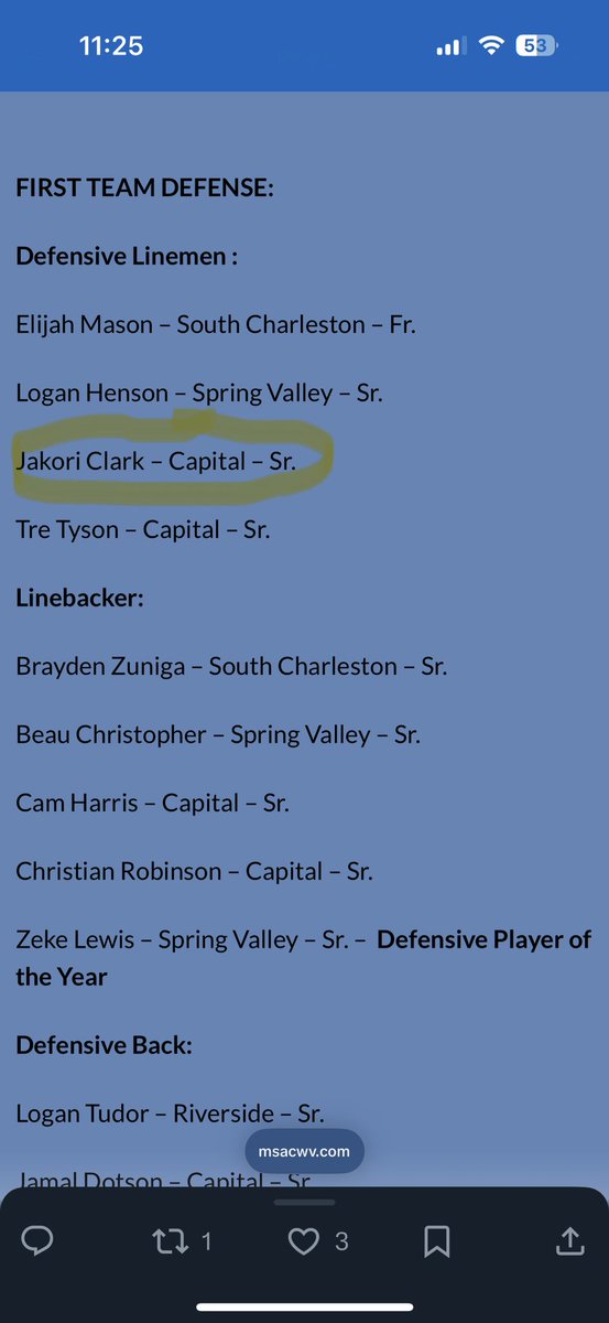 clark_jakori's tweet photo. Truly blessed to be named first team all conference!!!!
@PrepRedzoneWV 
@CoachTonyGibson 
@CoachEverhart 
@CoachDaught 
@CoachBenNeedham 
@CoachKG93 
@MikeDDietzel1 
@_CoachAug 
@CoachEBeal https://t.co/11FtLTAths