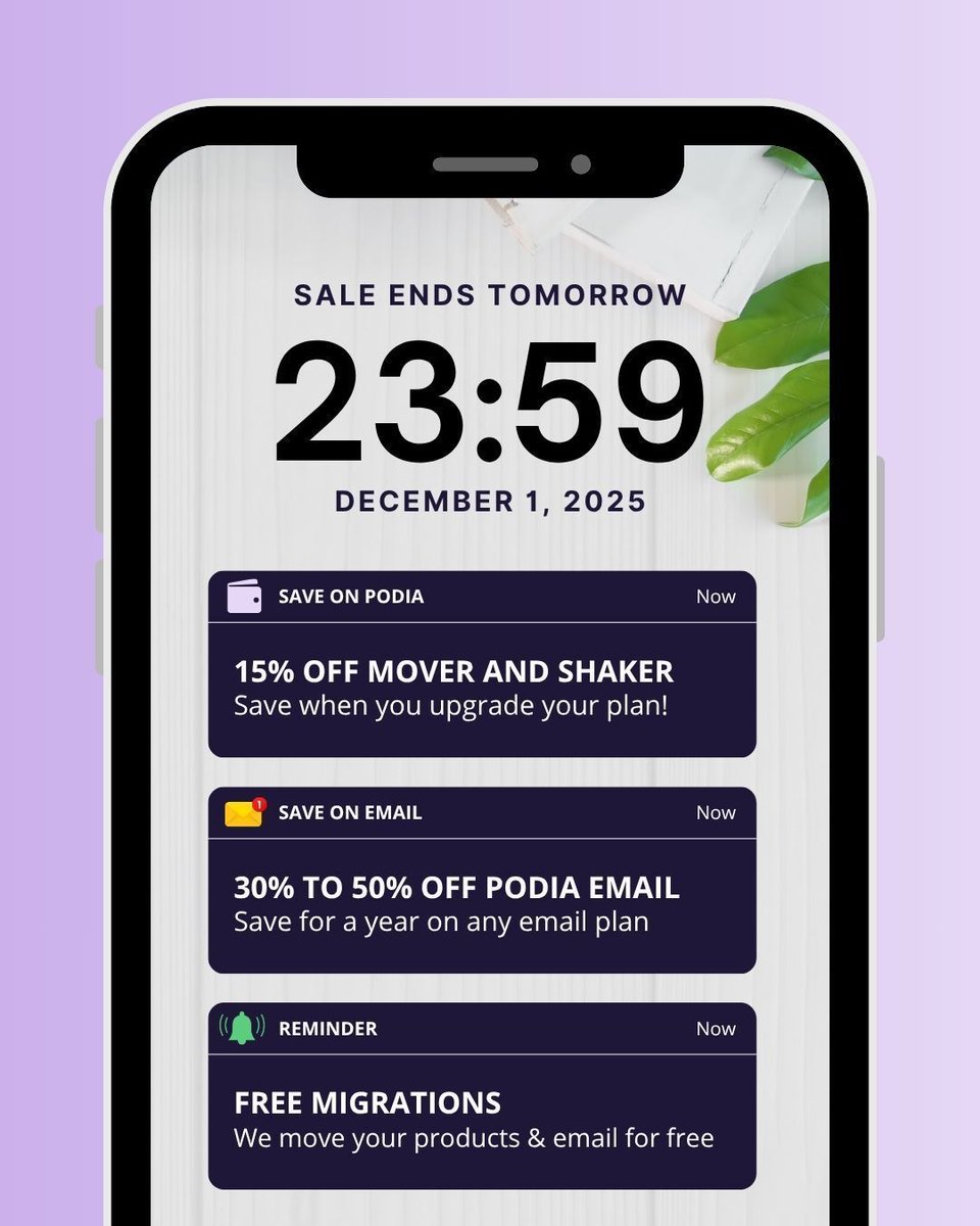 A quick reminder that Podia’s Black Friday sale ends tomorrow, Dec 1st, at 11:59pm EST. 

💜 Save 15% for one year on Mover and Shaker plan upgrades
💜 Save 30% to 50% for one year on Podia Email plans 

Plus, Podia offers free migrations from other platforms, so we can help you