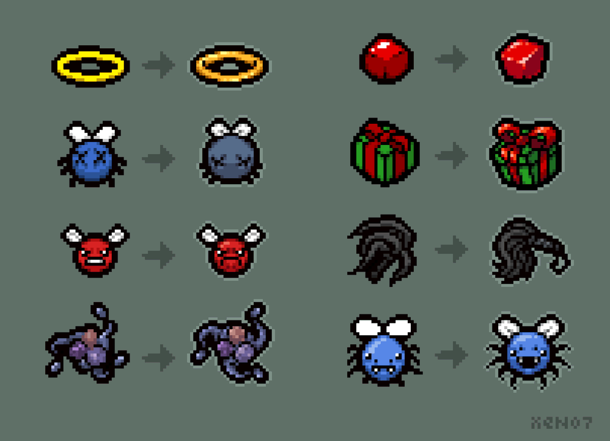 Oh yeah, i forgot i do #tboi resprites, silly me

Anyways, here is an assortment of random items for my not at all upcoming resprite pack

#pixelart