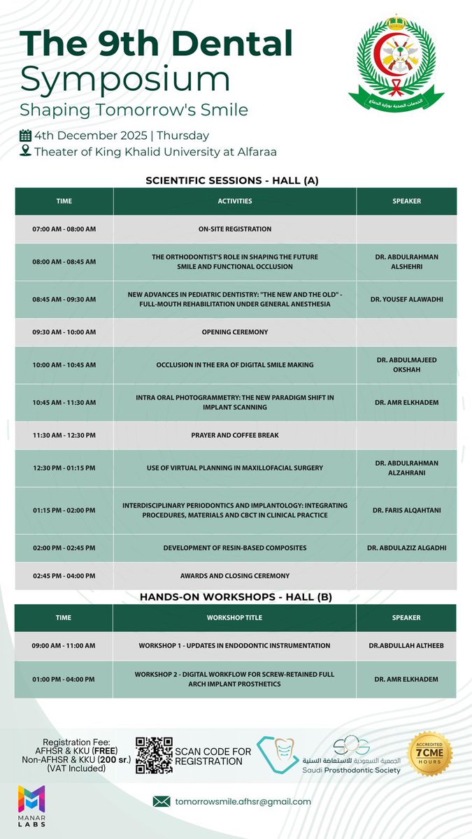 aboutDent's tweet photo. ✨ The 9th Dental Symposium – Shaping Tomorrow’s Smile ✨

يعود هذا الحدث المنتظر ليجمع نخبة من الخبرات في يوم علمي مكثّف مليء بالمعرفة والتحديثات الحديثة في طب الأسنان.

لا تفوّت فرصة التطوير، التواصل، والاستفادة من أحدث التوجّهات في المجال.

📅 4 December 2025
⏰ 8:00 AM – 6:00 PM
📍 Armed Forces Hospital – Southern Region
🎓 7 CME

رابط: https://t.co/fus7OJS41M