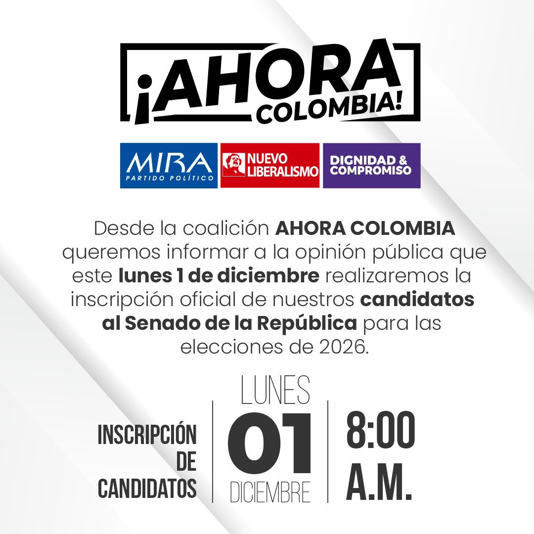 JERobledo's tweet image. 🇨🇴 Este lunes 1 de diciembre la coalición Ahora Colombia —integrada por el @PartidoMIRA, el @NvLiberalismo y @dignidadycomp — inscribirá oficialmente su lista al Senado para las elecciones de 2026. 

He aceptado ser el número 10 en esta lista que le propone al país una política…