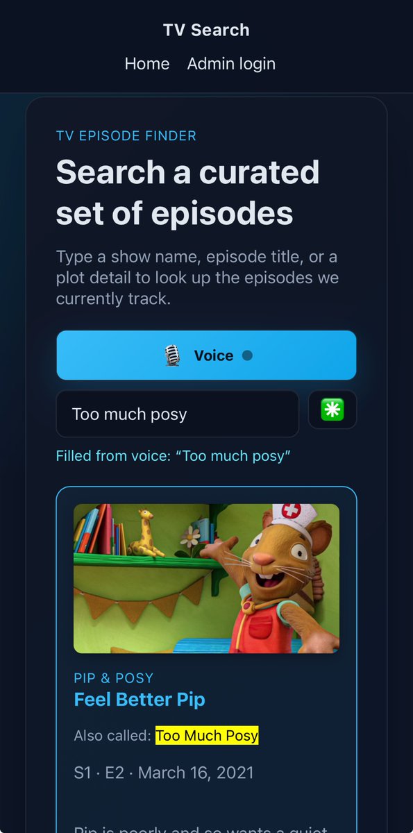 code_wizard_uk's tweet image. Vibe coding fun. Made an episode search tool to find shows my boy asks for, with his ‘alternative’ names. Just streamlined UI as show name took too much space - it’s now an emoji. Then added voice search with whisper &amp;amp; elevenlabs reading episode number of the first result.
