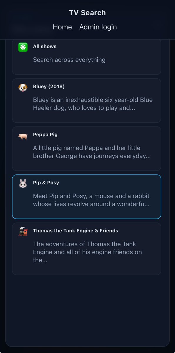 code_wizard_uk's tweet image. Vibe coding fun. Made an episode search tool to find shows my boy asks for, with his ‘alternative’ names. Just streamlined UI as show name took too much space - it’s now an emoji. Then added voice search with whisper &amp;amp; elevenlabs reading episode number of the first result.